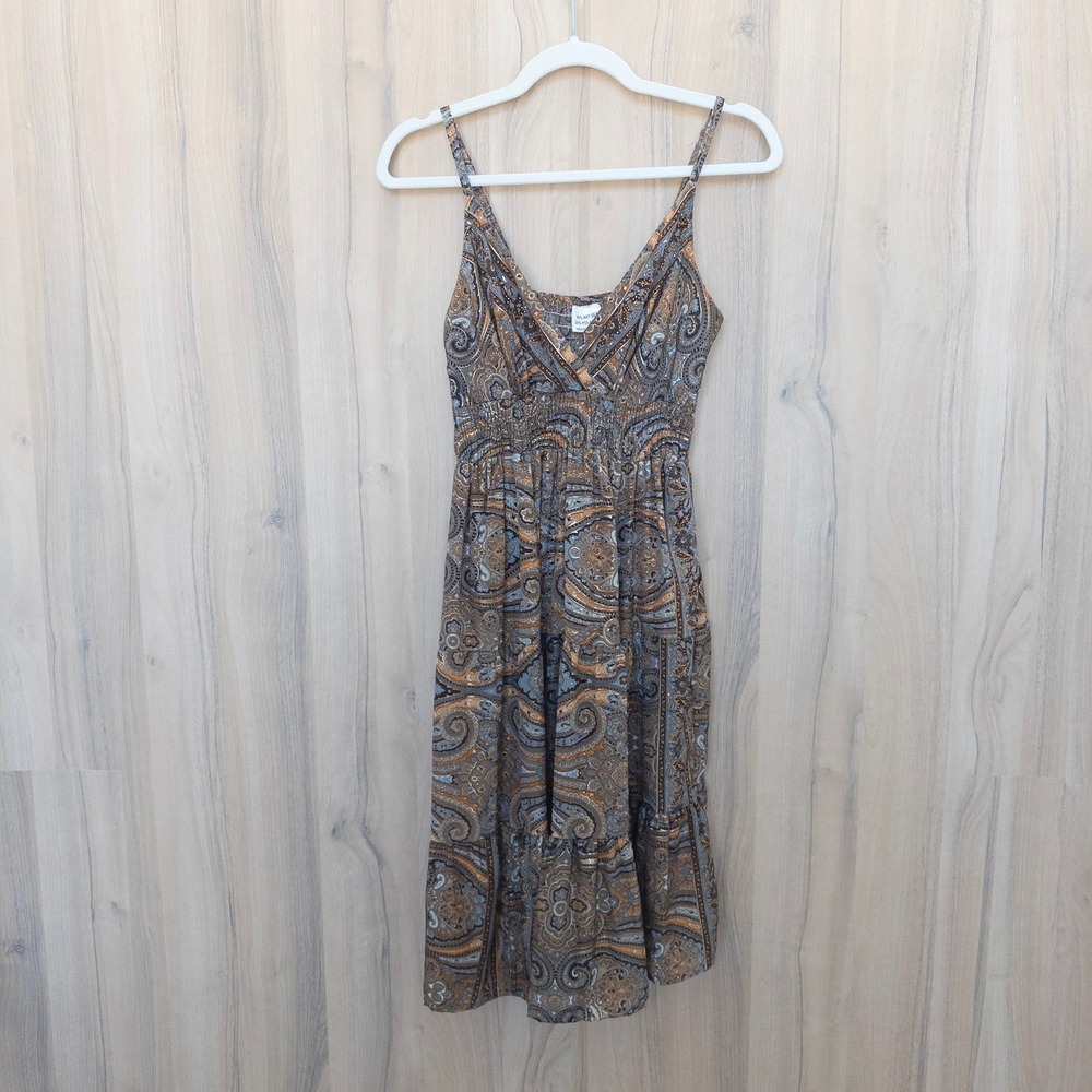 Womens Silk Babydoll Dress Size S‎ Brown Paisley Boho Y2K Earthy Hippie Indie